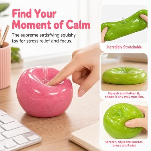 Pink and green slushy apple squishy fidget toy being squeezed — Image 2 of 8
