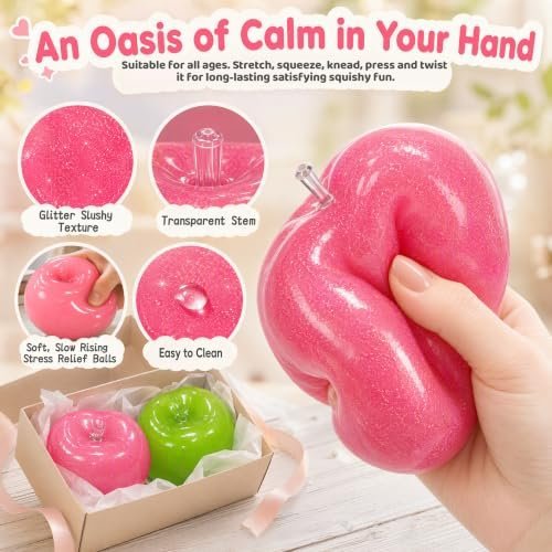 Pink and green slushy apple squishy fidget toy being squeezed — Image 3 of 8