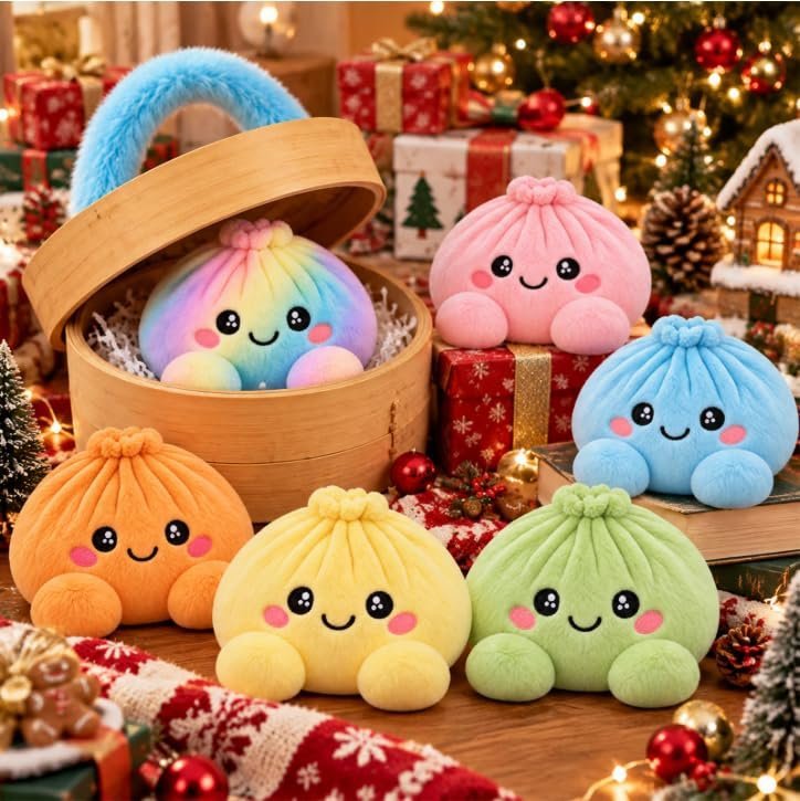 Big rainbow plush dumpling squishy in steamer basket — Image 4 of 8