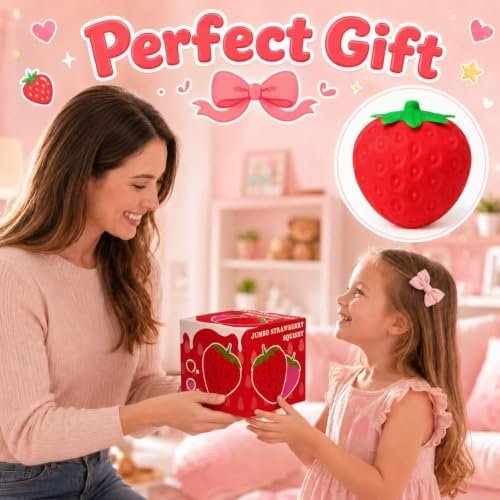 Giant jumbo strawberry squishy squeeze toy on a desk — Image 5 of 10