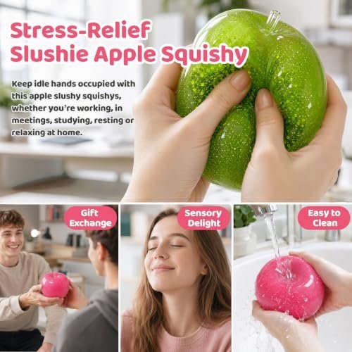 Pink and green slushy apple squishy fidget toy being squeezed — Image 7 of 8